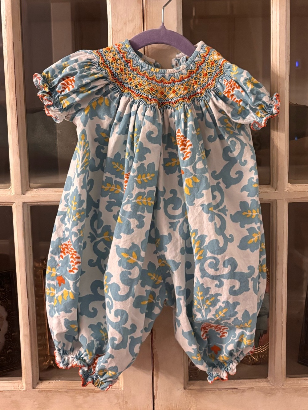 Le’ Za Me Smocked Blue Floral Girls One-Piece Romper